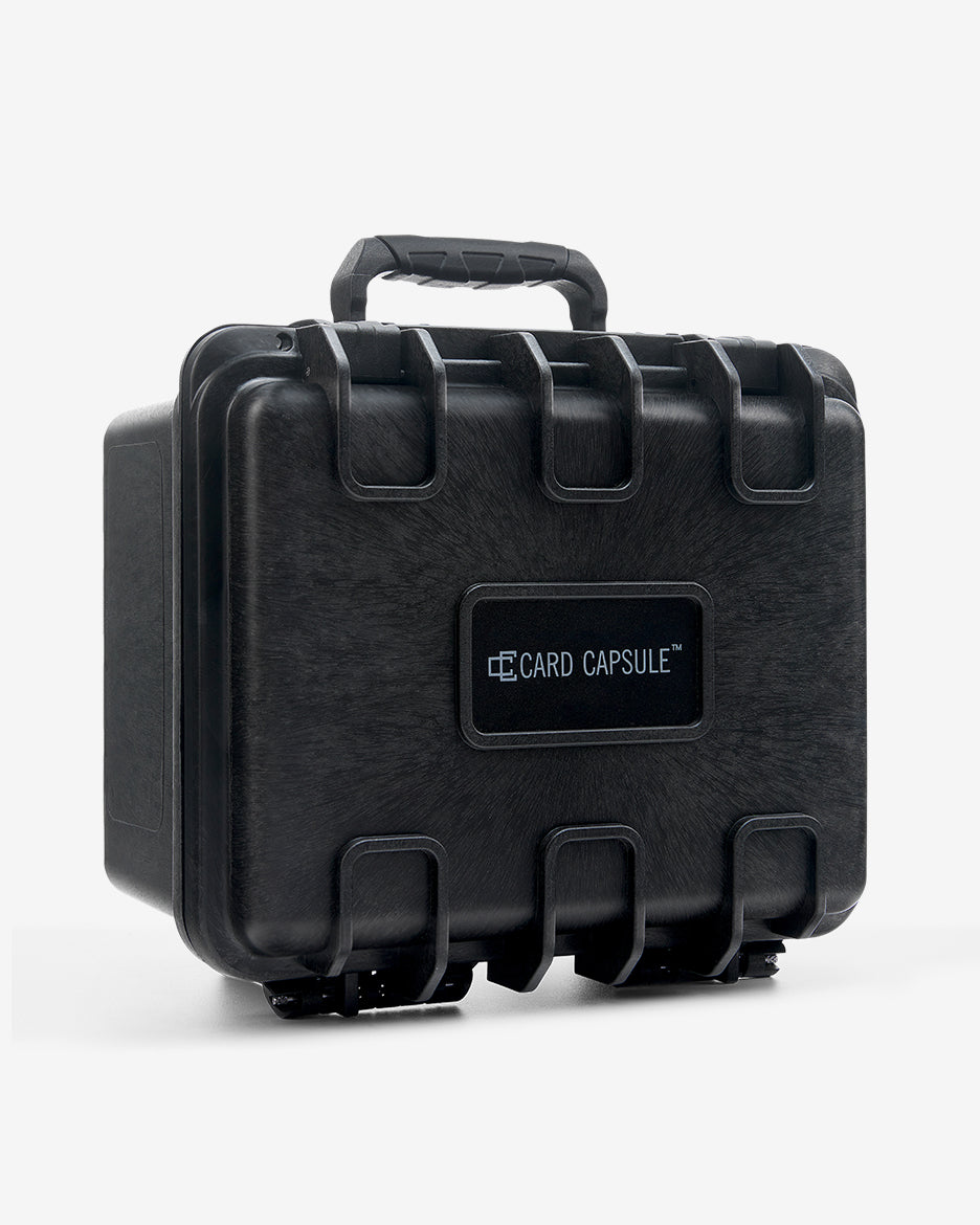 Closed Card Capsule Lite angled right, showing the handle and latch hardware