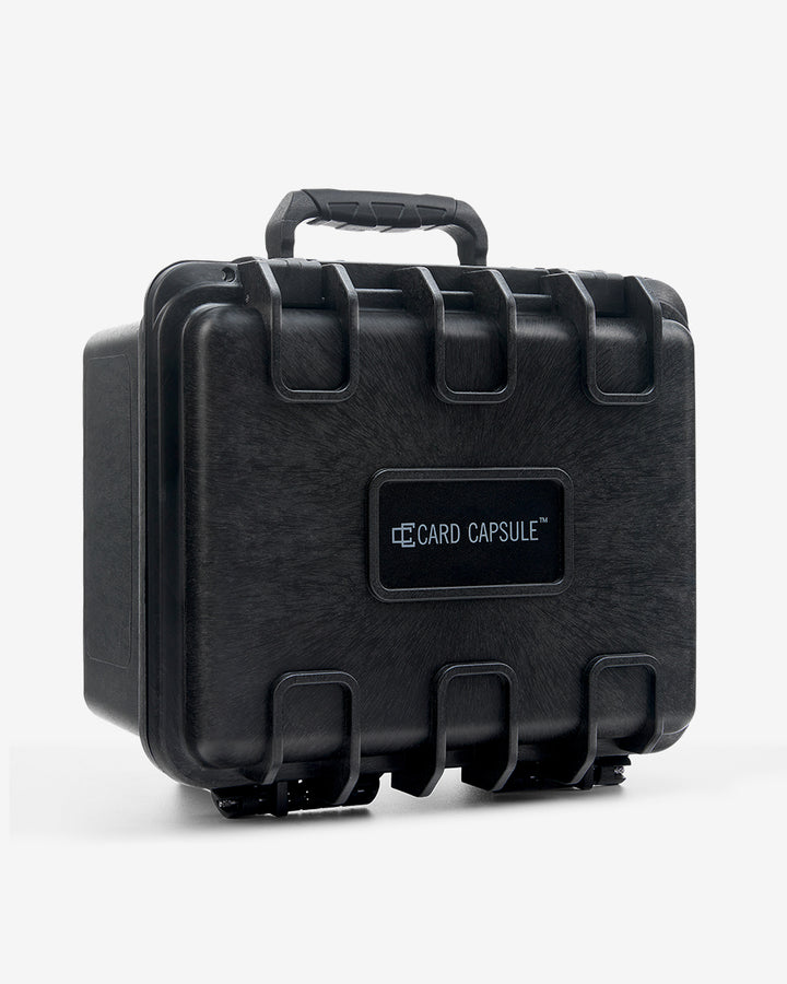 Closed Card Capsule Lite angled right, showing the handle and latch hardware