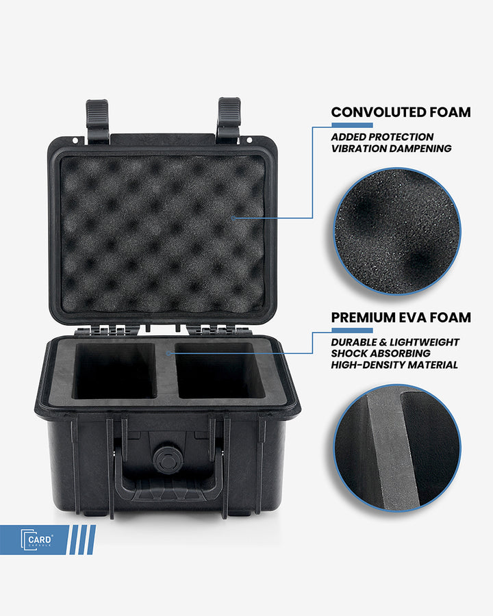 Card Capsule Lite cutaway showing convoluted foam for vibration damping and premium EVA foam for shock absorption