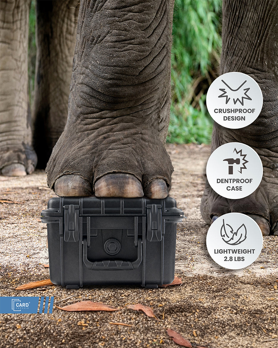 Elephant standing on a Card Capsule Lite, illustrating the crushproof, dentproof design at 2.8 lbs
