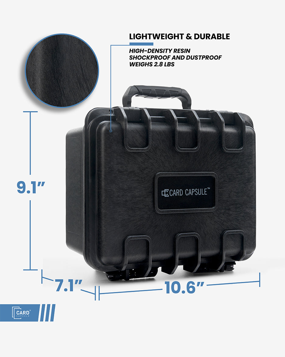 Card Capsule Lite dimensions diagram: 10.6 inches wide, 9.1 inches tall, 7.1 inches deep, weighing 2.8 lbs