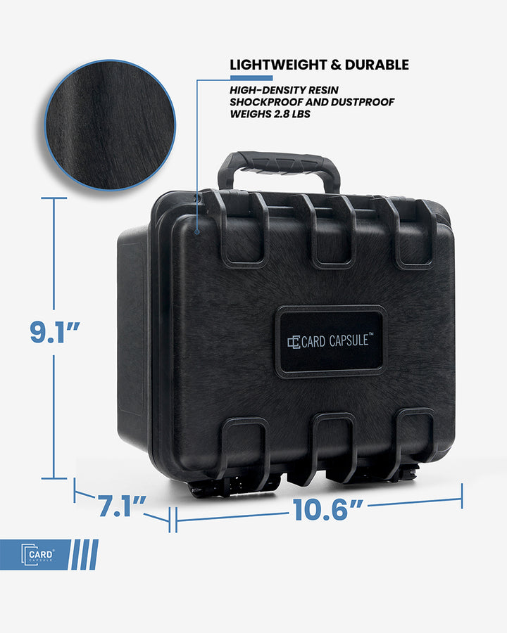 Card Capsule Lite dimensions diagram: 10.6 inches wide, 9.1 inches tall, 7.1 inches deep, weighing 2.8 lbs