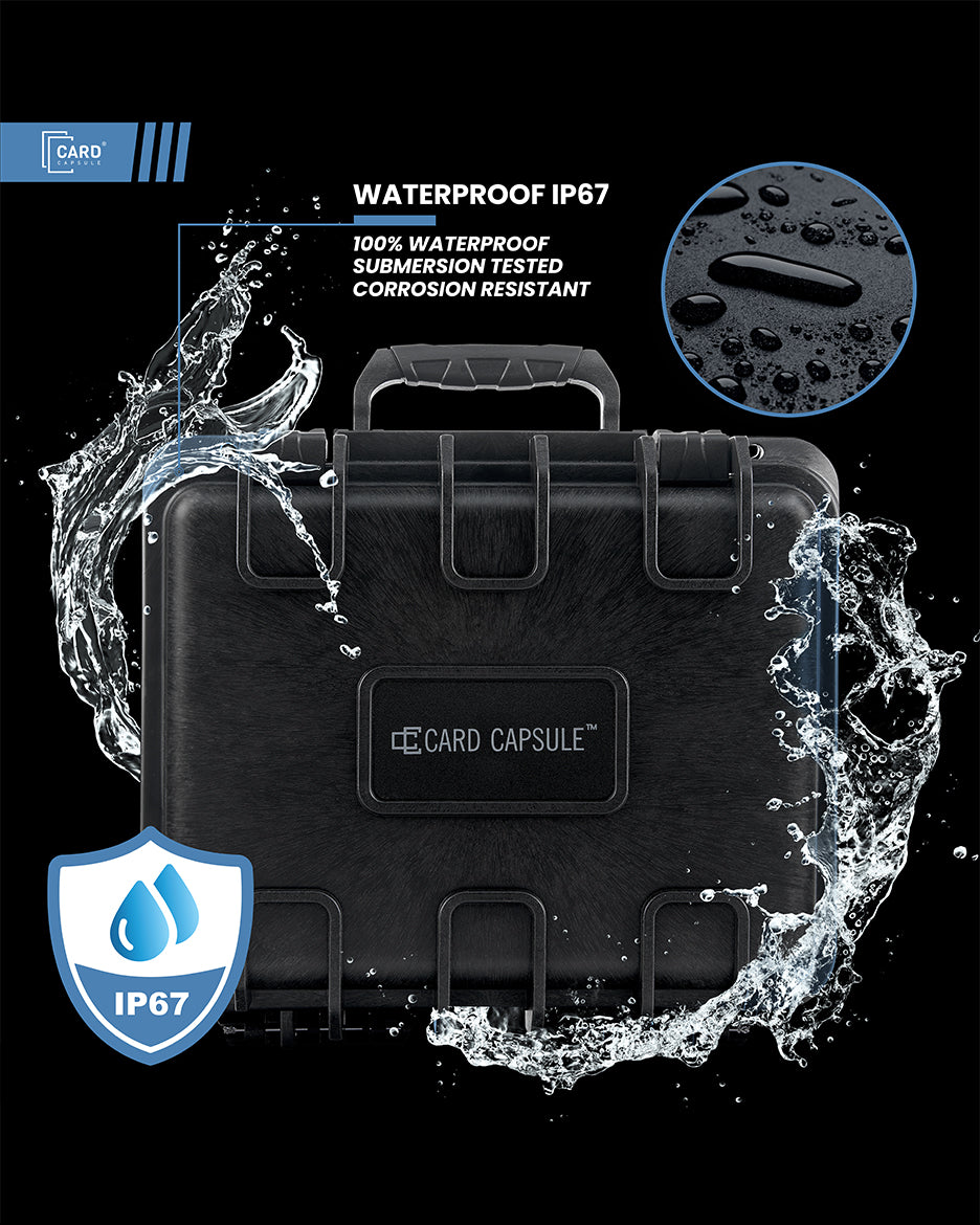 Card Capsule Lite with water splashing around it, illustrating its IP67 waterproof and submersion-tested rating