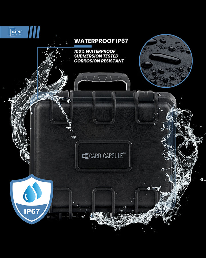 Card Capsule Lite with water splashing around it, illustrating its IP67 waterproof and submersion-tested rating