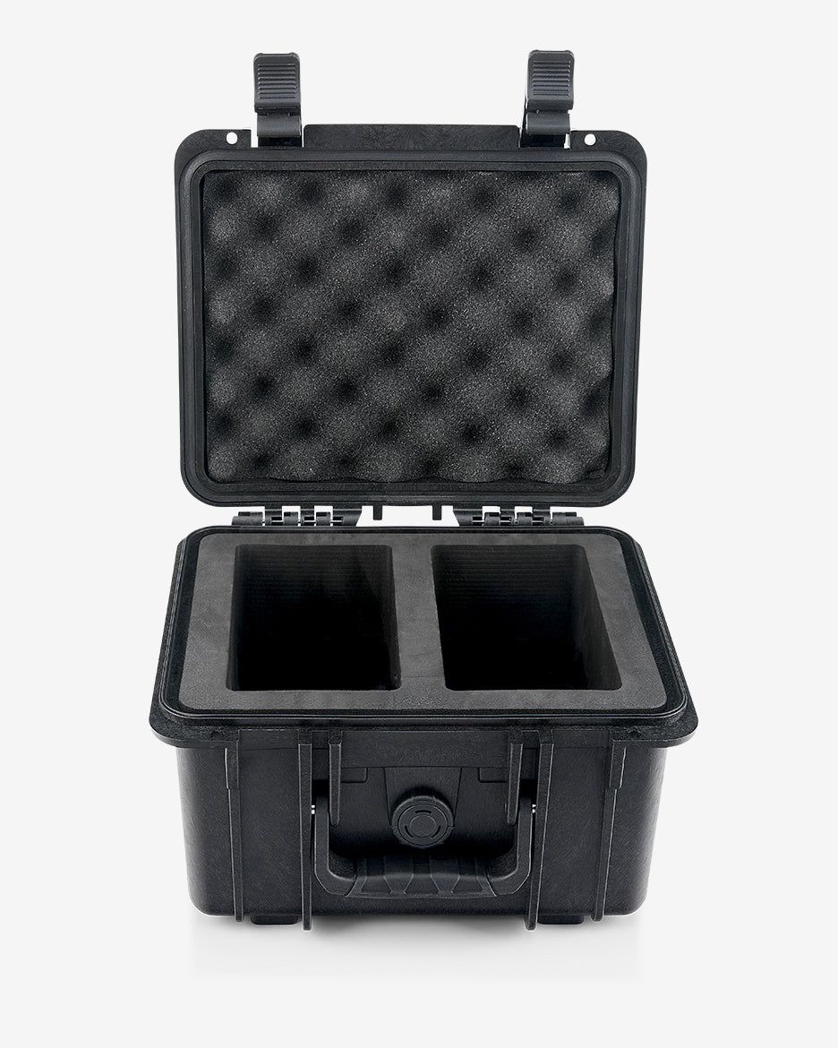 Card Capsule Lite open and empty, showing the two-compartment EVA foam tray and foam-lined lid