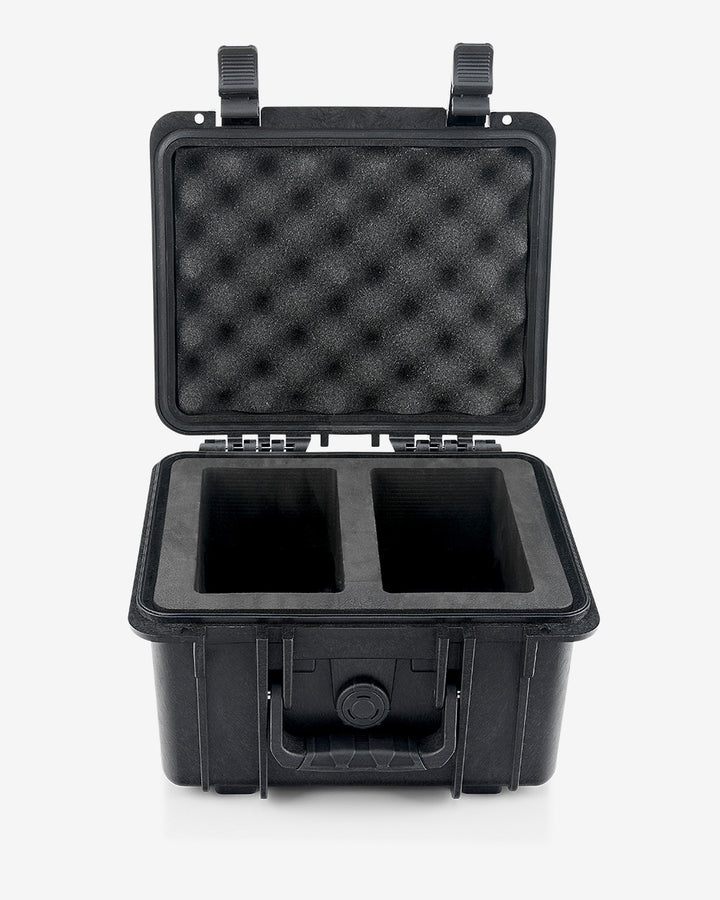 Card Capsule Lite open and empty, showing the two-compartment EVA foam tray and foam-lined lid