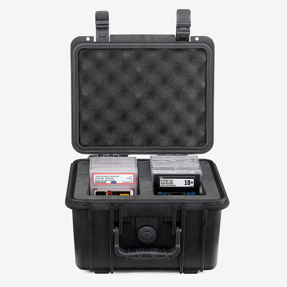 Card Capsule Lite open, both compartments loaded with graded slabs under a convoluted foam lid