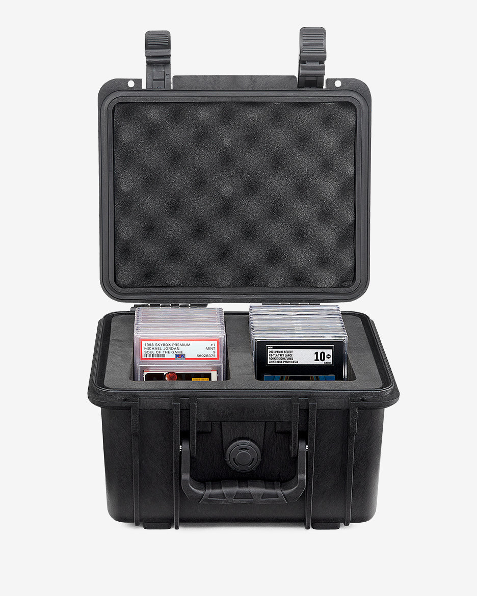 Card Capsule Lite open, both compartments loaded with graded slabs under a convoluted foam lid