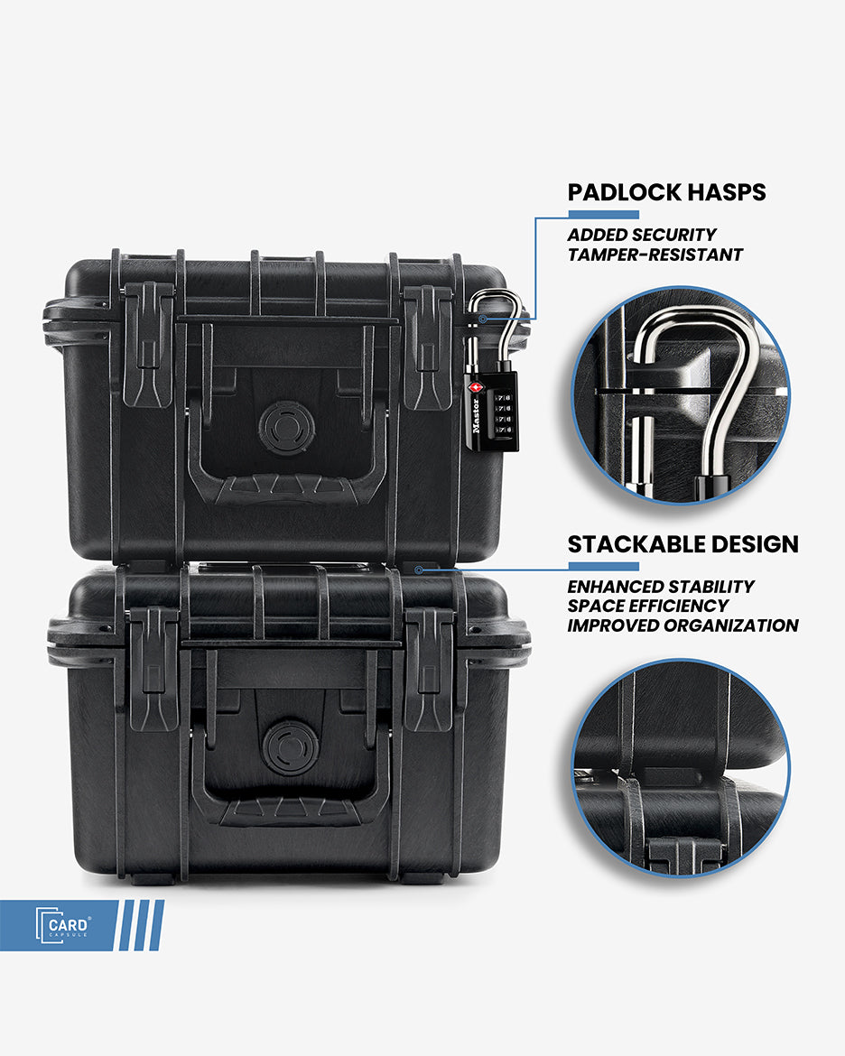 Two Card Capsule Lite cases stacked, highlighting tamper-resistant padlock hasps and the stackable design