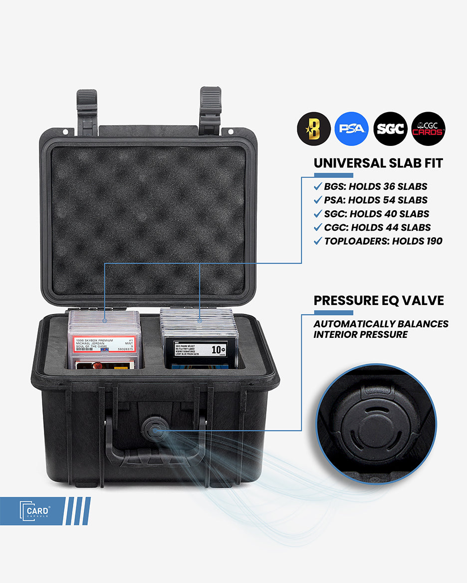 Card Capsule Lite capacity chart: 54 PSA, 36 BGS, 40 SGC, 44 CGC slabs, or 180 toploaders, with pressure EQ valve