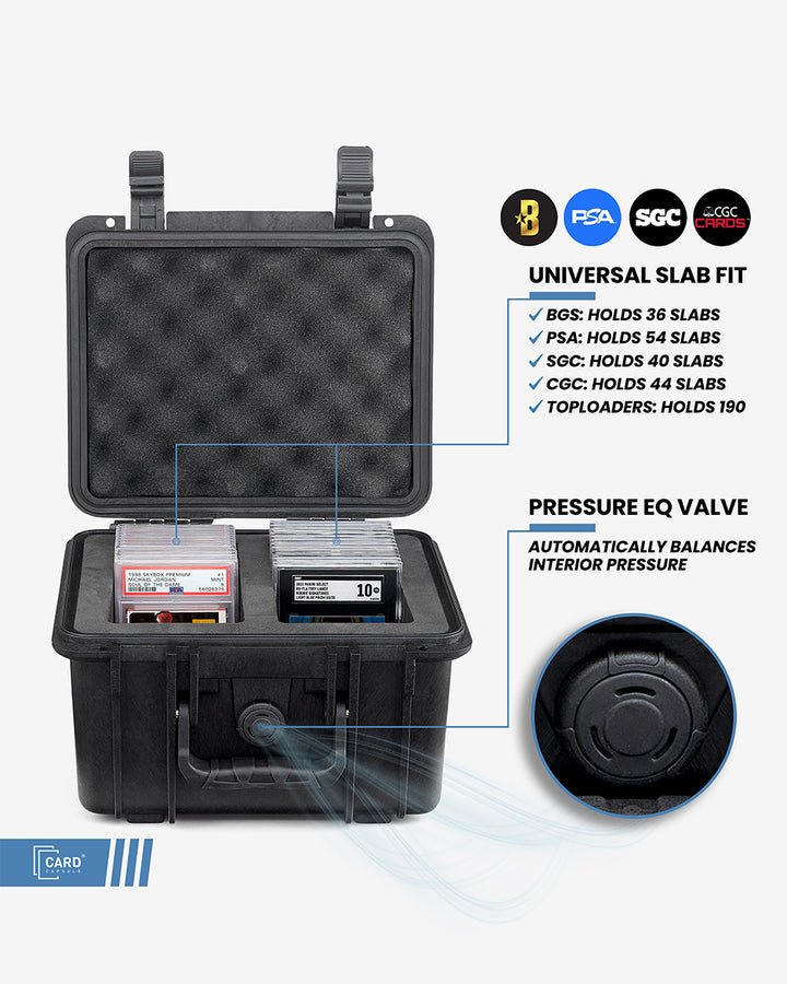 Card Capsule Lite capacity chart: 54 PSA, 36 BGS, 40 SGC, 44 CGC slabs, or 180 toploaders, with pressure EQ valve