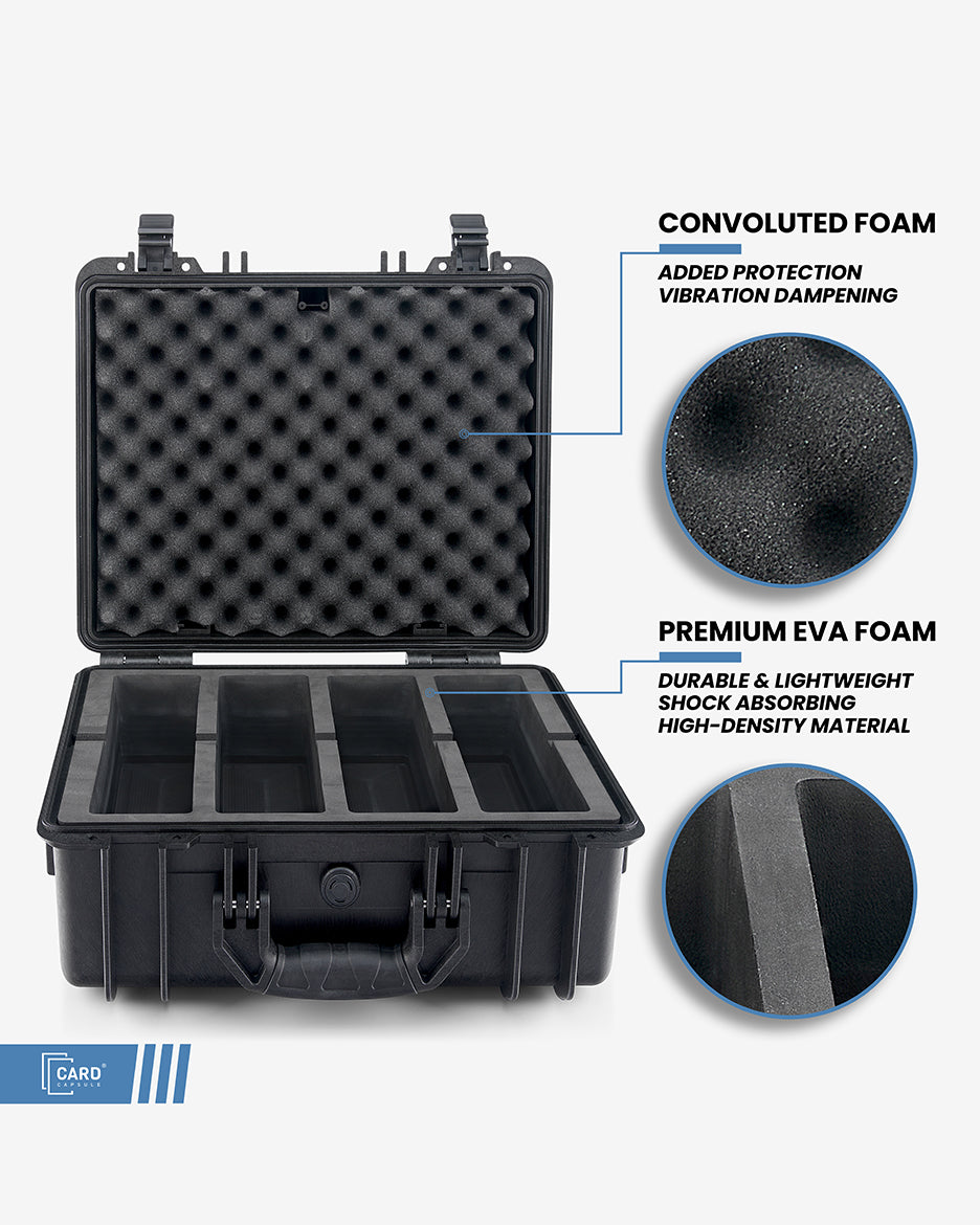 Card Capsule Pro cutaway showing convoluted foam for vibration damping and premium EVA foam for shock absorption