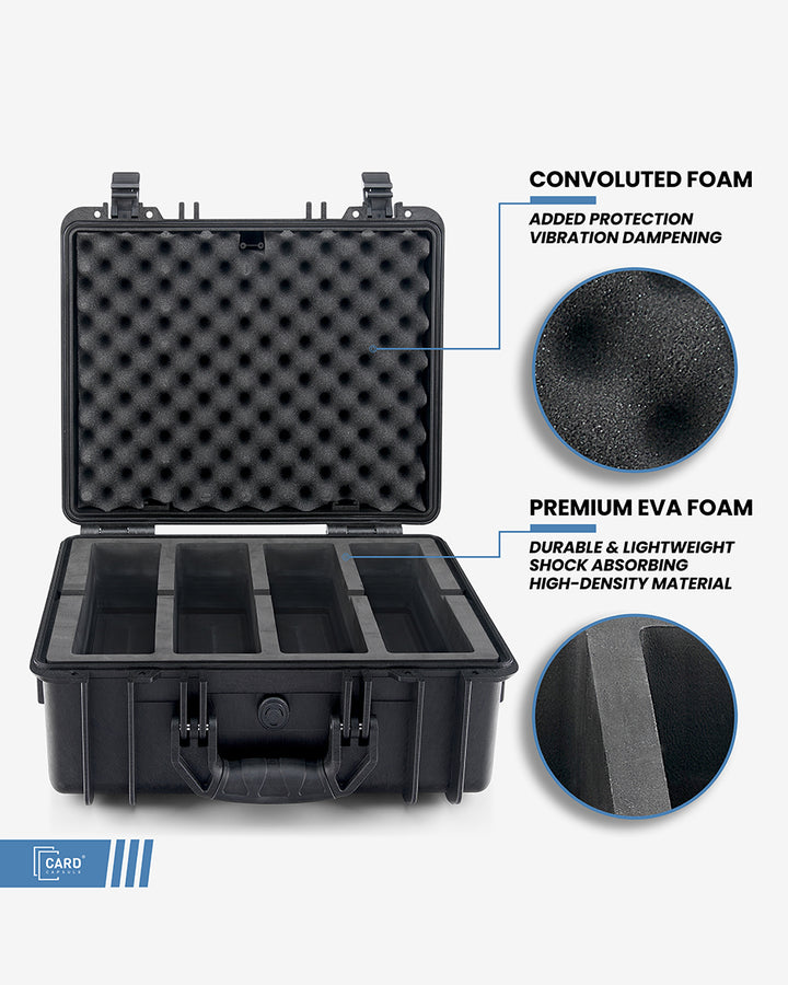 Card Capsule Pro cutaway showing convoluted foam for vibration damping and premium EVA foam for shock absorption