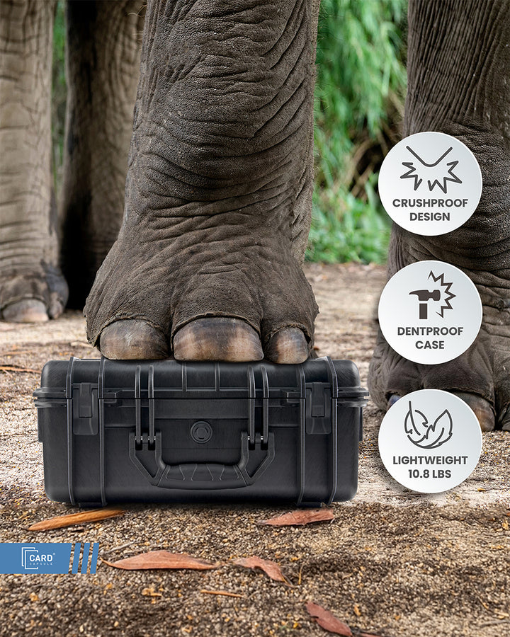 Elephant standing on a Card Capsule Pro, illustrating the crushproof, dentproof design