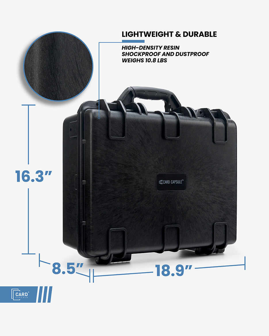 Card Capsule Pro dimensions diagram: 18.9 inches wide, 16.3 inches tall, 8.5 inches deep, weighing 10.5 lbs