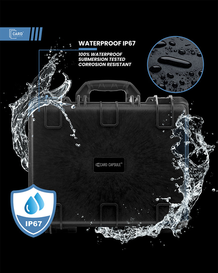 Card Capsule Pro with water splashing around it, illustrating its IP67 waterproof and submersion-tested rating
