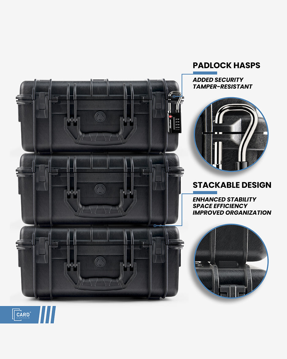 Three Card Capsule Pro cases stacked, highlighting tamper-resistant padlock hasps and the stackable design