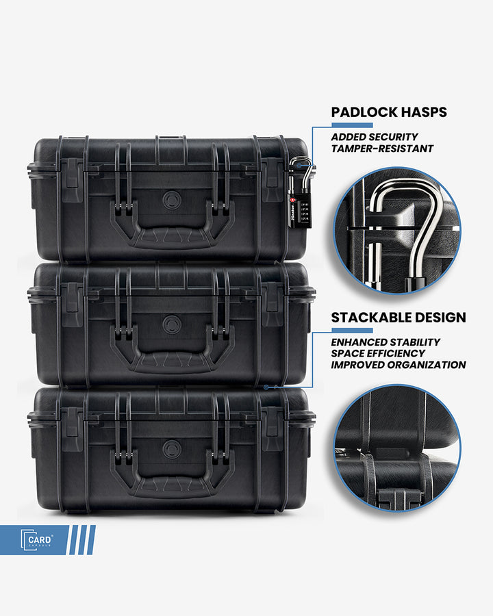 Three Card Capsule Pro cases stacked, highlighting tamper-resistant padlock hasps and the stackable design