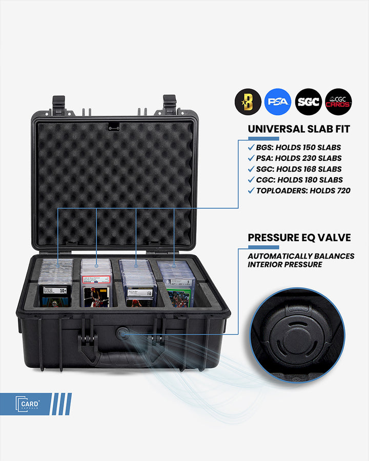 Card Capsule Pro capacity chart: 230 PSA, 150 BGS, 168 SGC, 180 CGC slabs, or 720 toploaders, with pressure EQ valve