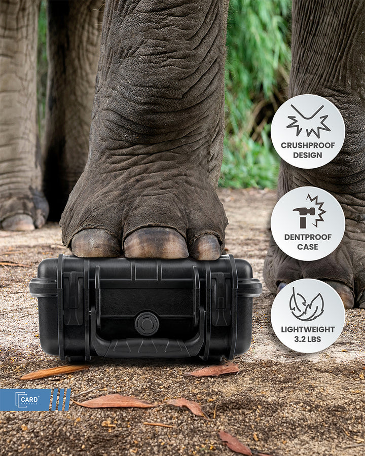 Elephant standing on a Card Capsule Silo, illustrating the crushproof, dentproof design at 3.2 lbs