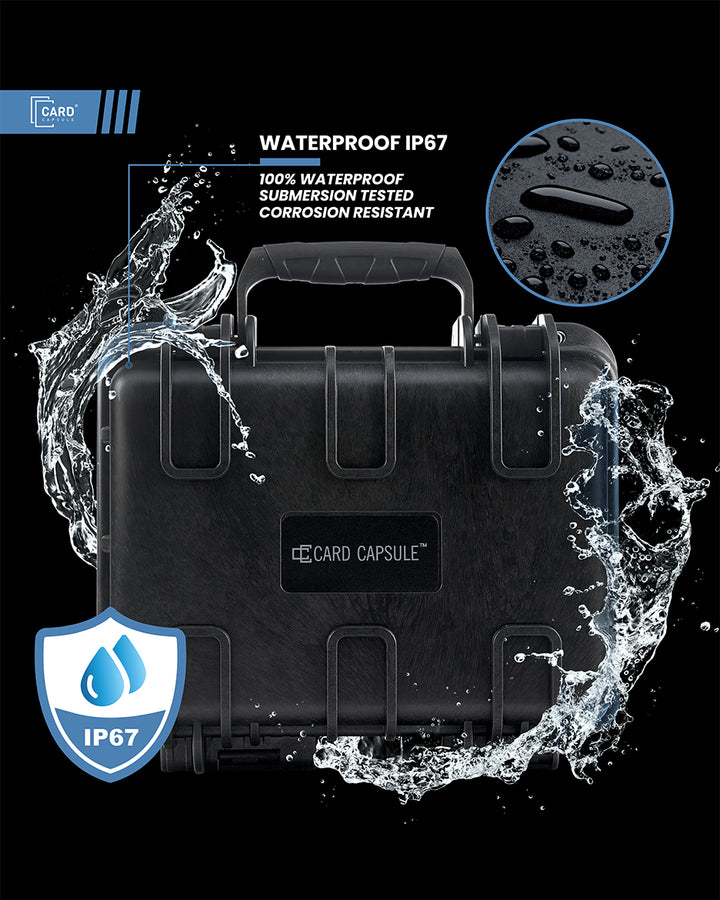 Card Capsule Silo with water splashing around it, illustrating its IP67 waterproof and submersion-tested rating