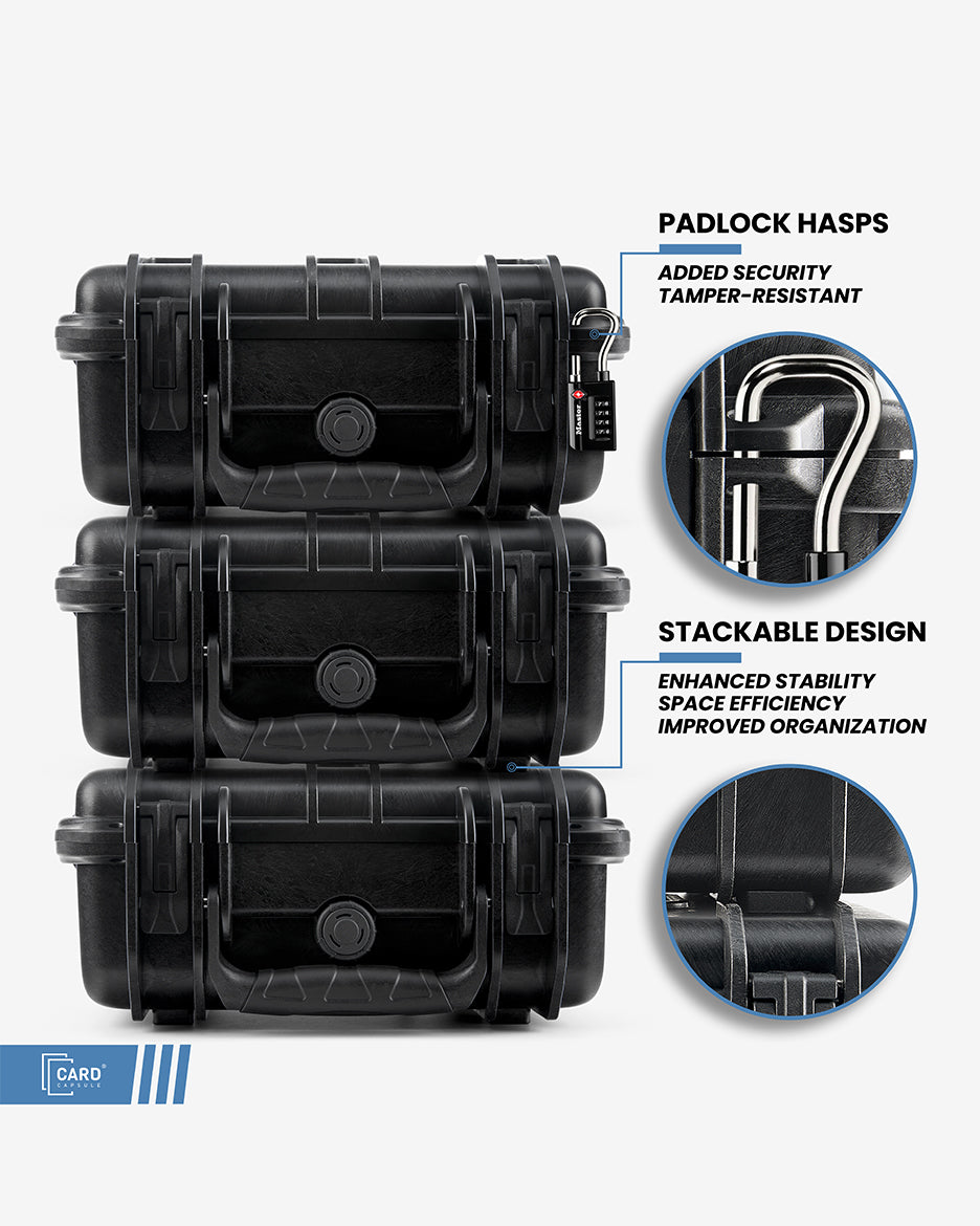 Three Card Capsule Silo cases stacked, highlighting tamper-resistant padlock hasps and the stackable design