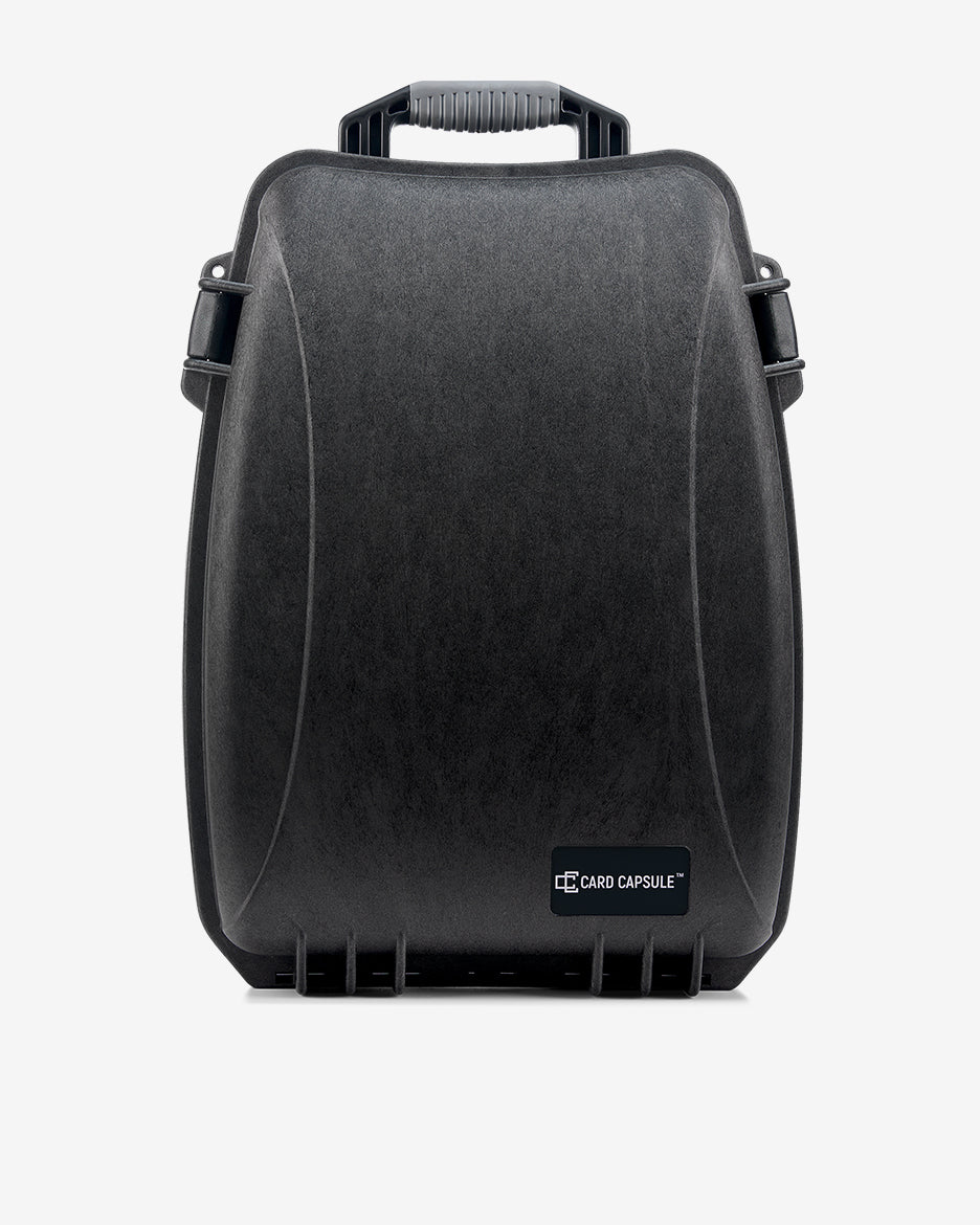Card Capsule Slabpack standing upright, front view with the logo centered on the shell
