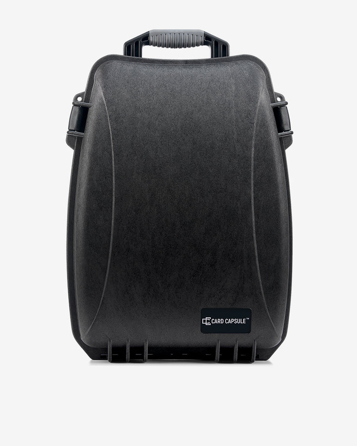 Card Capsule Slabpack standing upright, front view with the logo centered on the shell