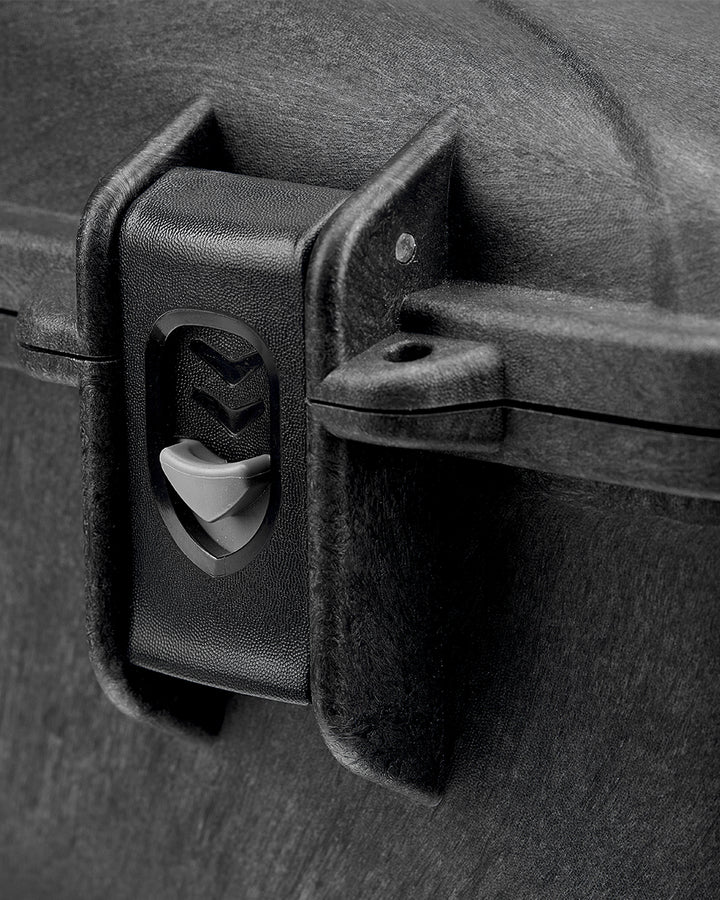 Close-up of the Card Capsule Slabpack latch and hardware on the textured shell