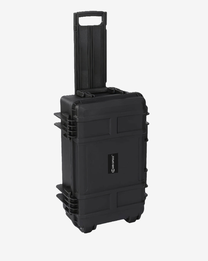 Front of the Card Capsule Trek with the handle raised, showing the latches and recessed grip