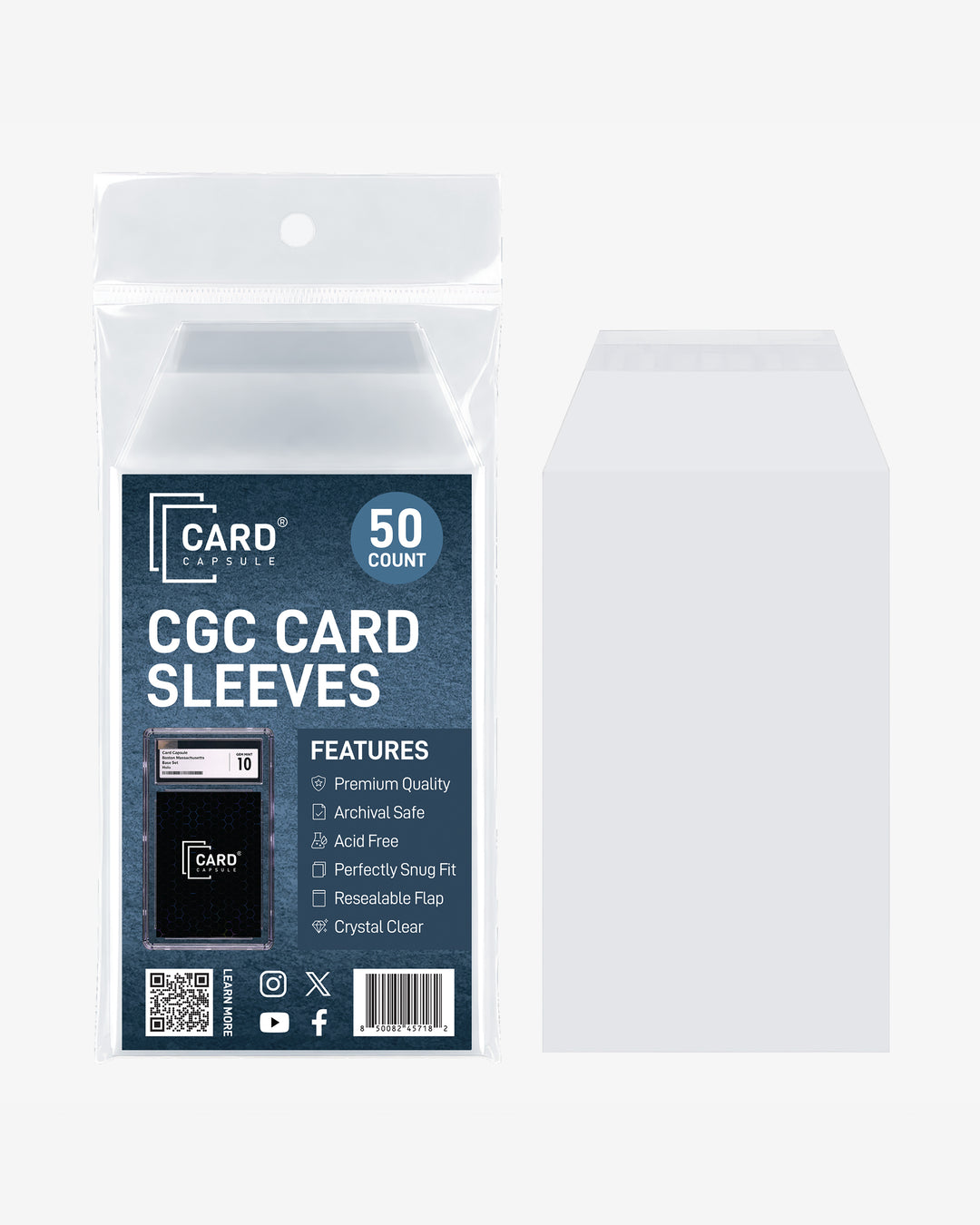 CGC Card Sleeves pack next to a single clear sleeve, showing the size and resealable flap