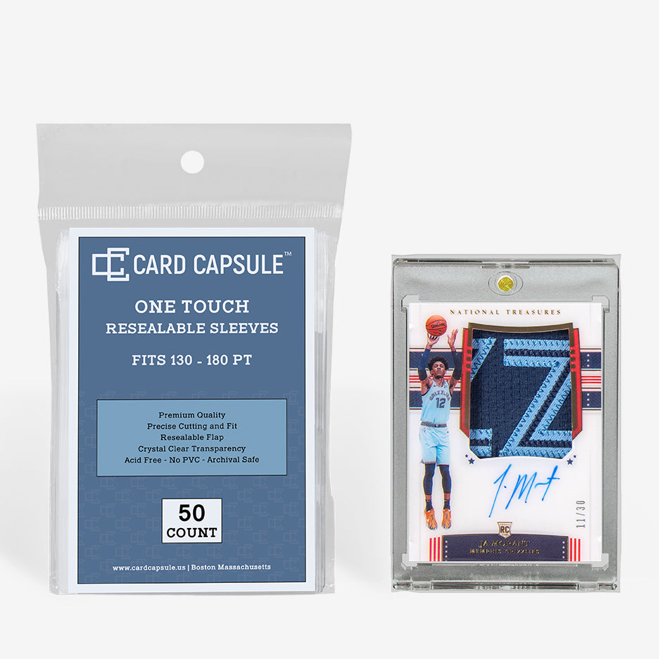 Card Capsule One Touch Resealable Sleeves 50-count pack beside an autographed patch card in a magnetic holder