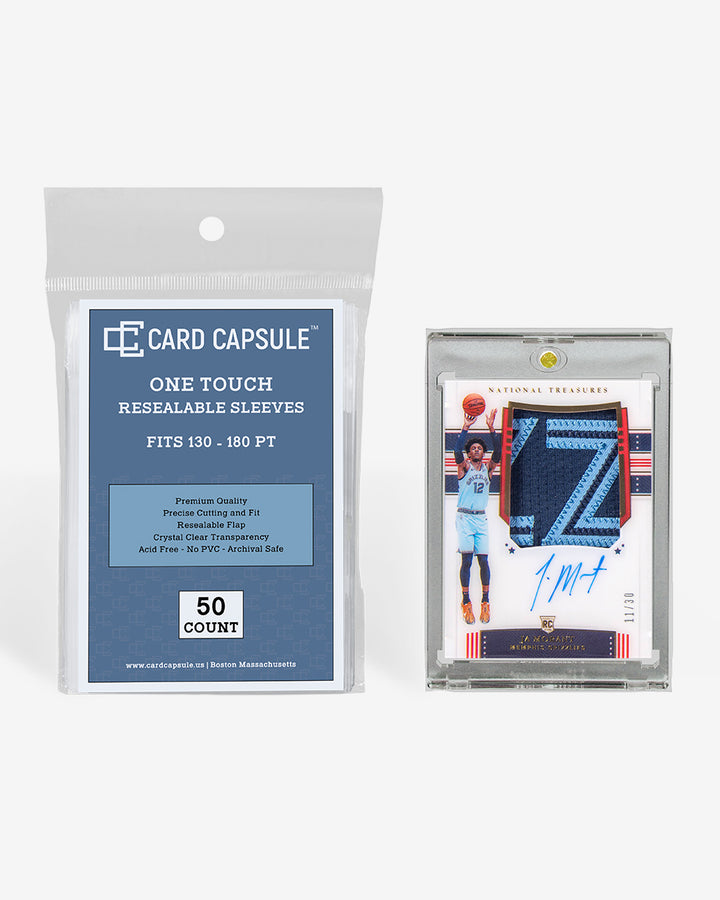 Card Capsule One Touch Resealable Sleeves 50-count pack beside an autographed patch card in a magnetic holder