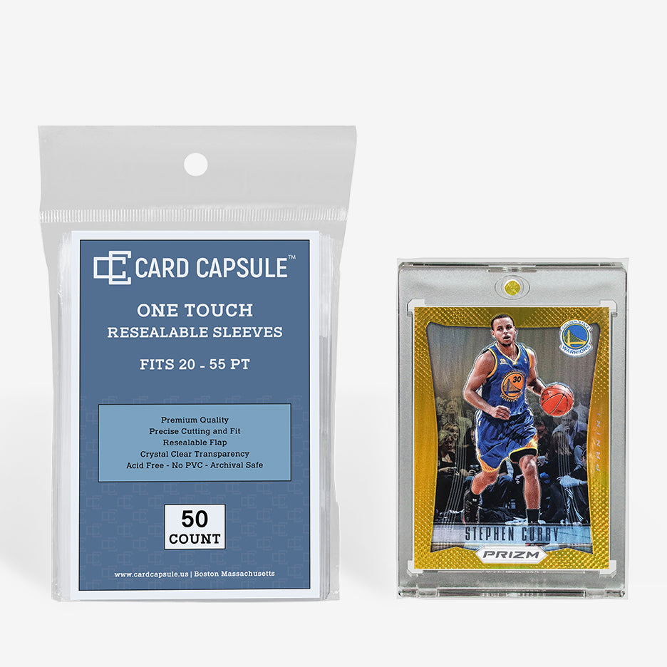 Card Capsule One Touch Resealable Sleeves 50-count pack beside a gold prizm basketball card in a magnetic holder