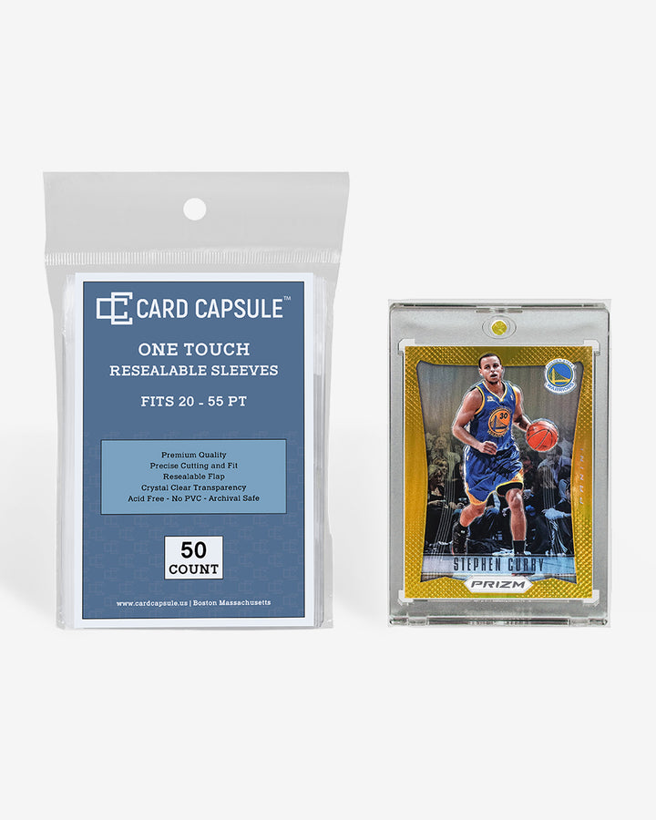 Card Capsule One Touch Resealable Sleeves 50-count pack beside a gold prizm basketball card in a magnetic holder