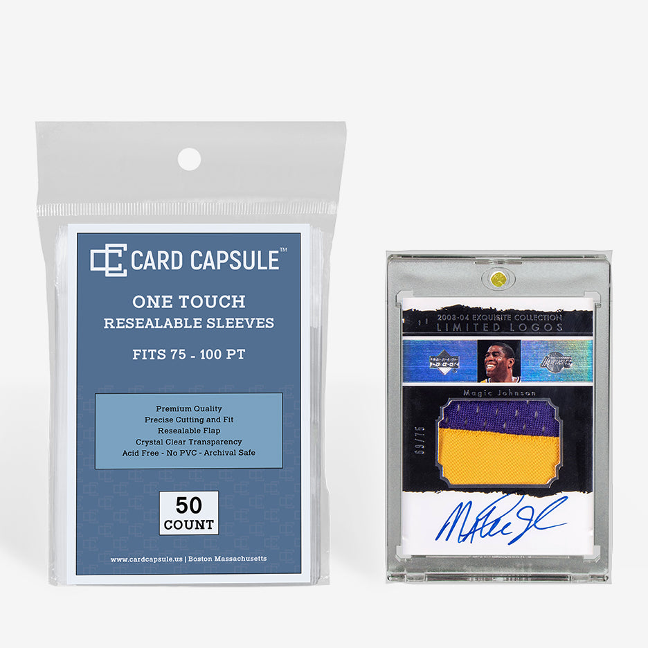 Card Capsule One Touch Resealable Sleeves 50-count pack beside an autographed jersey patch card in a magnetic holder