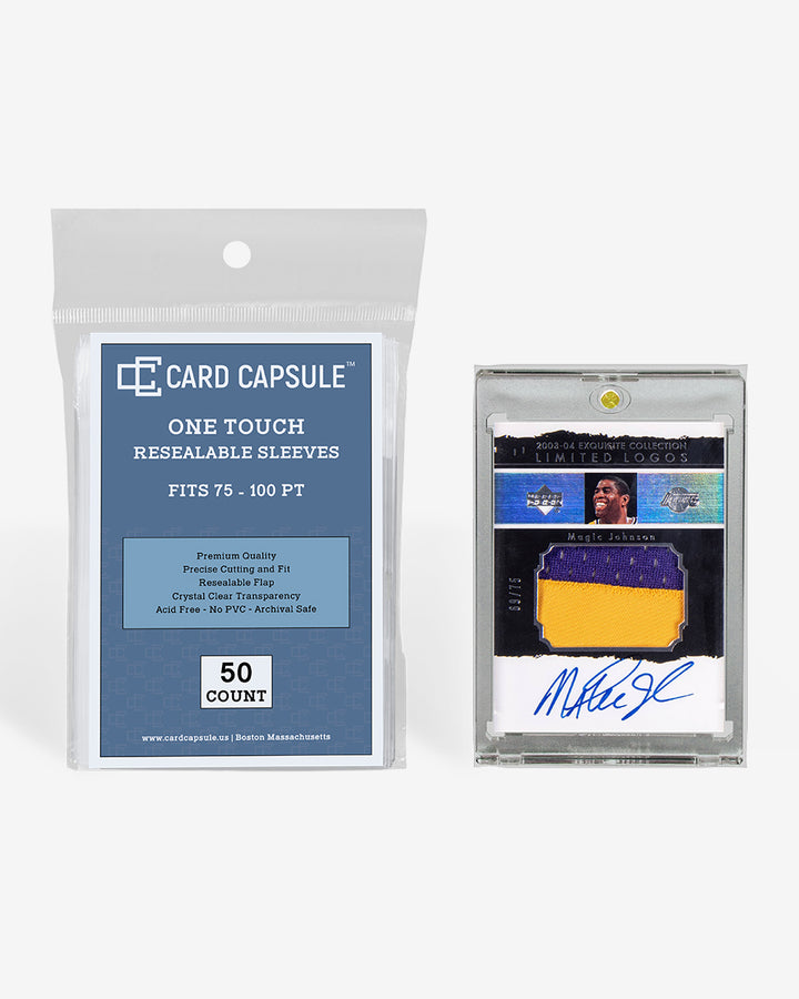 Card Capsule One Touch Resealable Sleeves 50-count pack beside an autographed jersey patch card in a magnetic holder