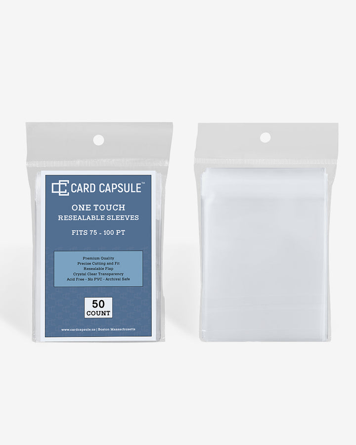 One Touch Resealable Sleeves pack next to a single sleeve, showing the size and resealable flap