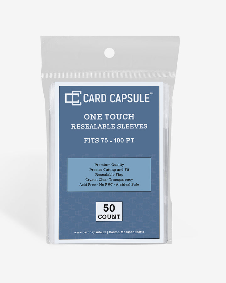 Front of the Card Capsule One Touch Resealable Sleeves package, listing acid-free, PVC-free, and archival safe