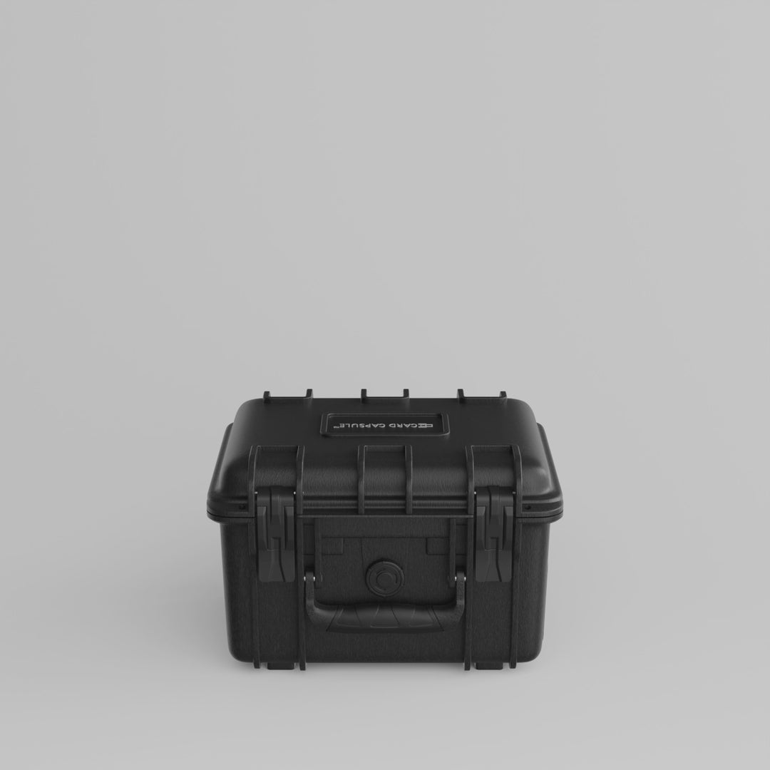 Product video of the Card Capsule Lite rotating to show the shell, latches, and interior