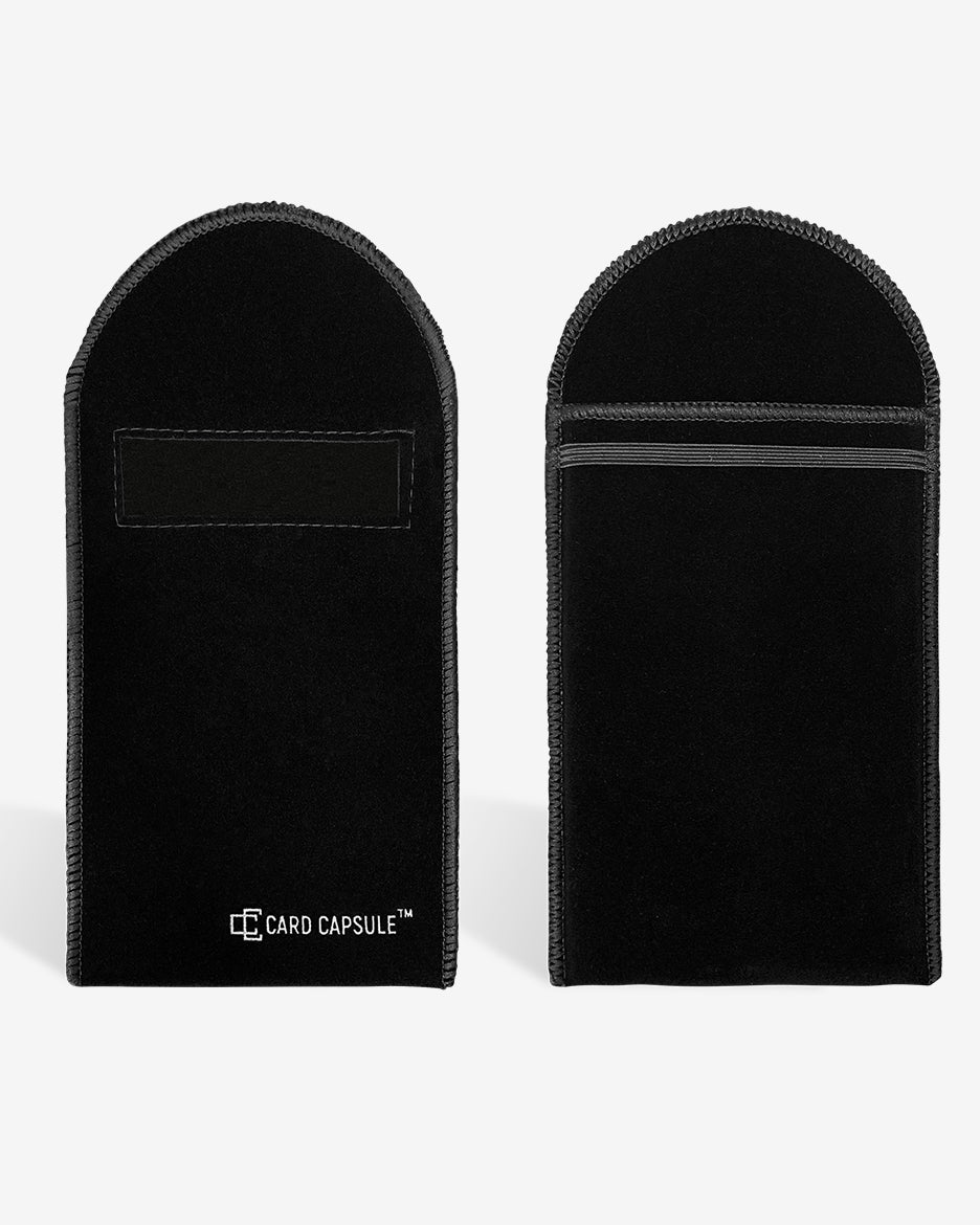 Front and back of a black velvet Card Capsule graded card bag, showing the label window and open top