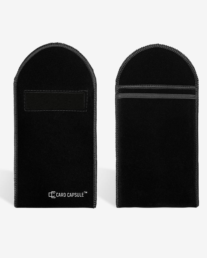 Front and back of a black velvet Card Capsule graded card bag, showing the label window and open top