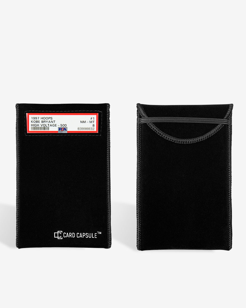 Loaded Card Capsule graded card bag beside an empty one, showing the slip-in opening