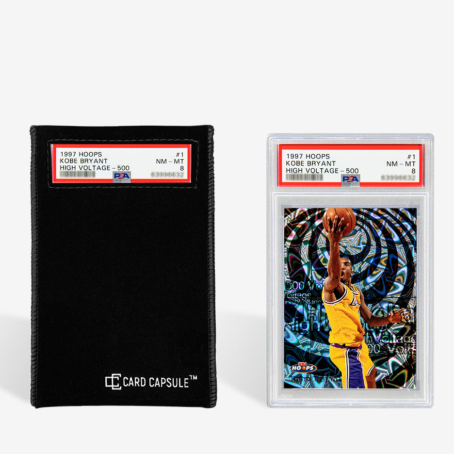 Black velvet Card Capsule graded card bag with a PSA slab label visible through the window, beside the slab itself