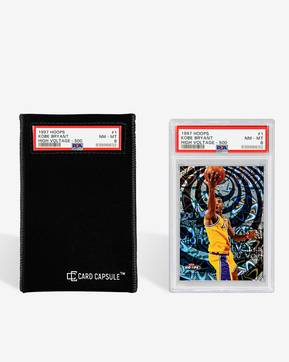 Black velvet Card Capsule graded card bag with a PSA slab label visible through the window, beside the slab itself