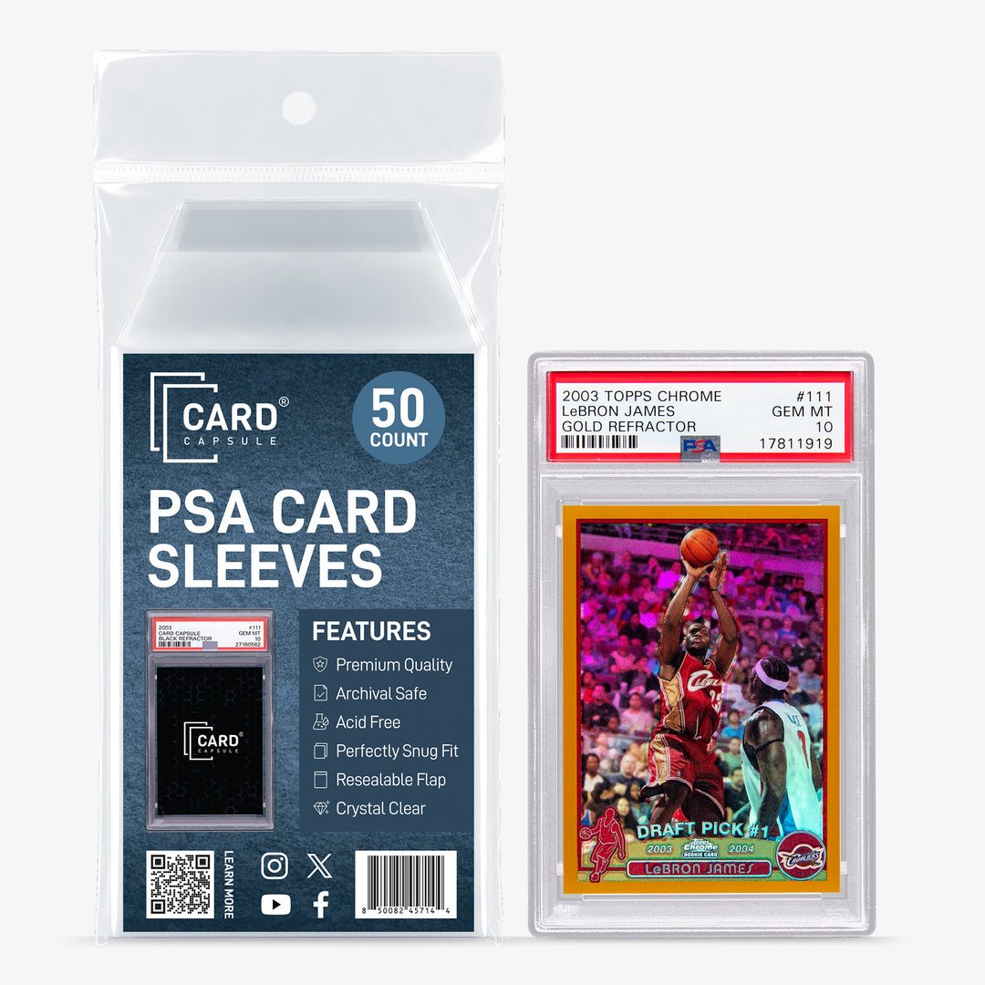 Card Capsule PSA Card Sleeves 50-count pack beside a PSA-graded gold refractor rookie card in a sleeve