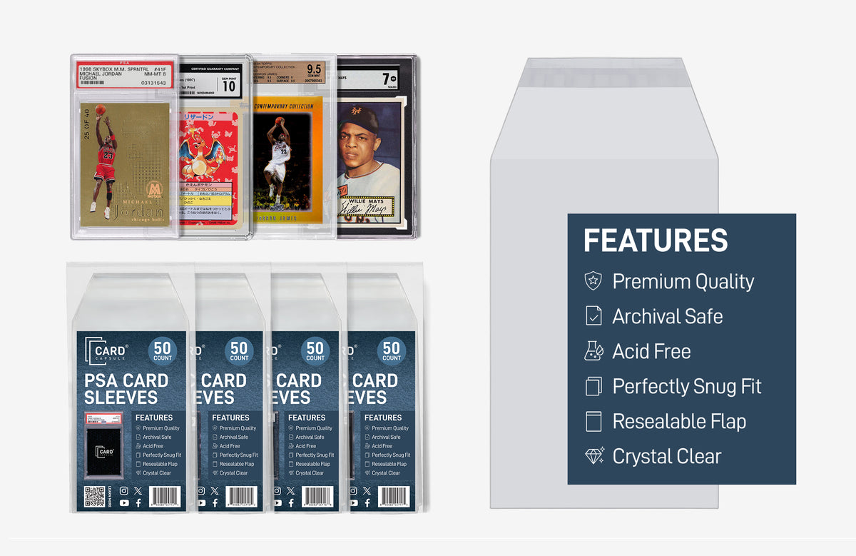 Card Capsule PSA graded card sleeves, 50 count, resealable flap, shown with PSA, BGS, CGC and SGC slabs