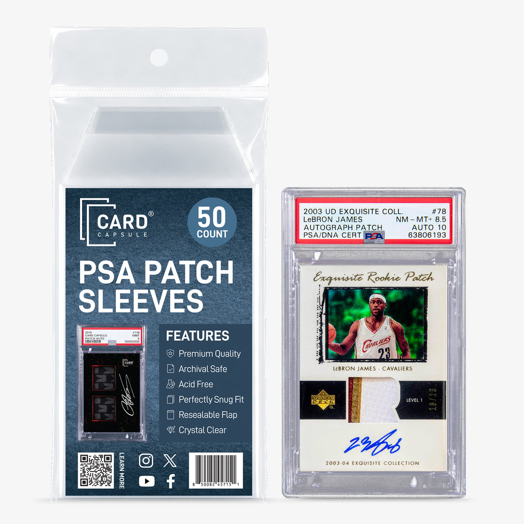 Card Capsule PSA Patch Sleeves 50-count pack beside a PSA-graded autograph patch rookie card in a sleeve