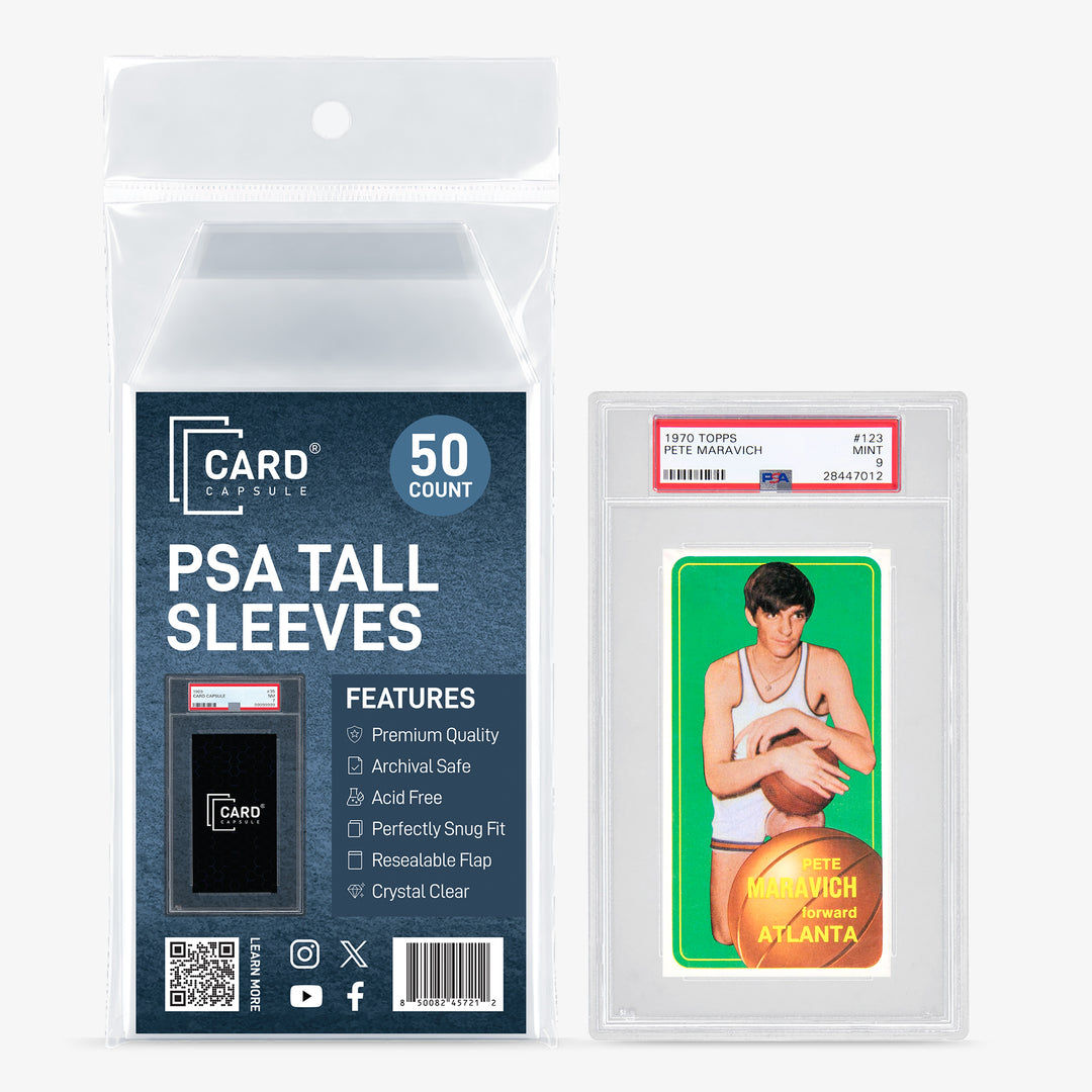 Card Capsule PSA Tall Sleeves 50-count pack beside a PSA-graded vintage basketball card in a tall sleeve