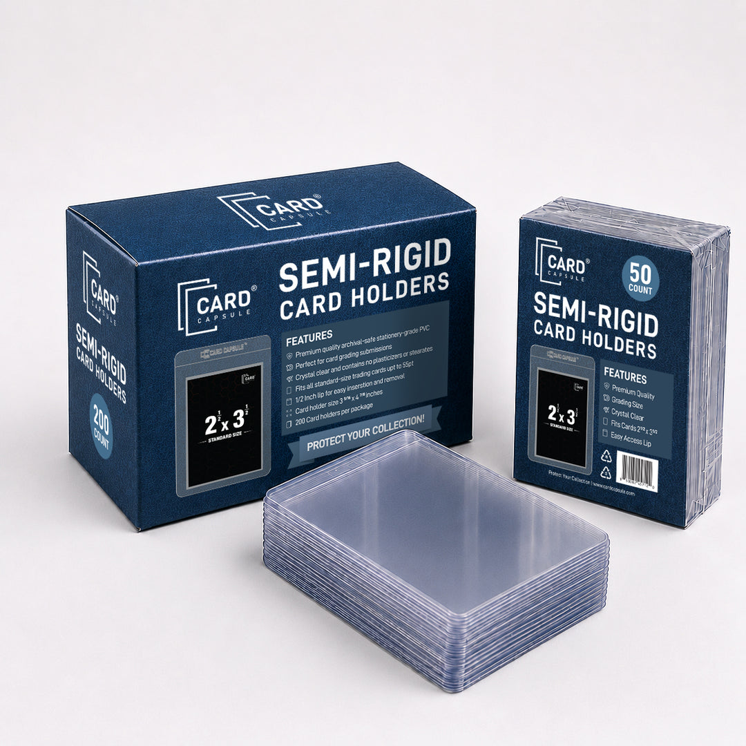 Card Capsule Semi-Rigid Card Holders 200 count box beside a 50 count pack and a loose stack of holders
